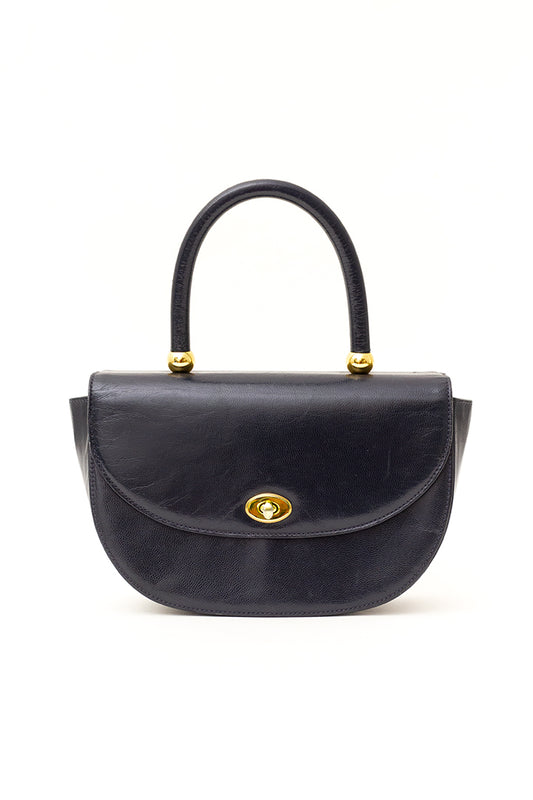 Vintage handtas van zwart leer met goudkleurige bolletjes Hanae Mori