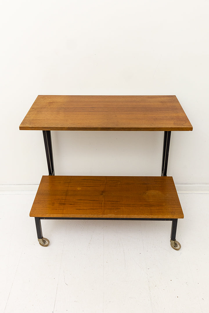 Vintage houten barcart/serveerwagen met zwart buizenframe