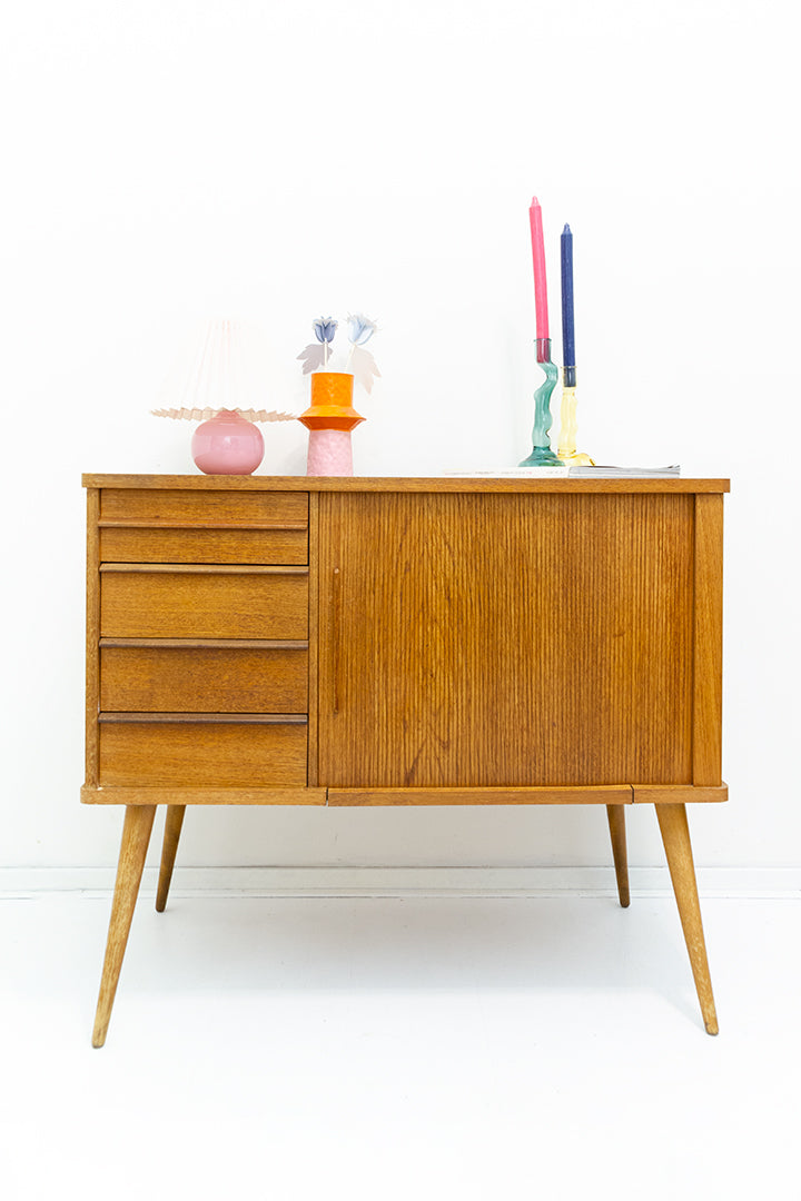 intage houten kast of bureau met lamellen schuifdeur jaren 60