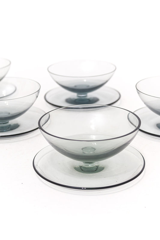 Vintage ijscoupe met schotel rookglas jaren 70 - set van 6