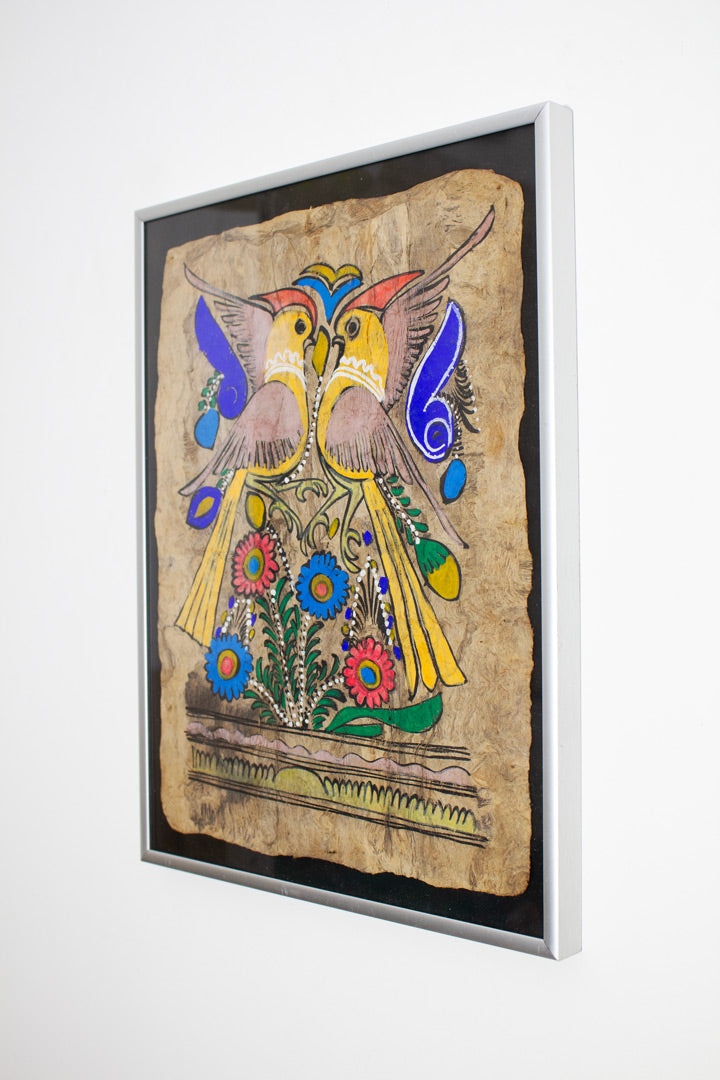 Vintage ingelijste ‘amate-bark’ Mexicaans folklore schilderij op schorspapier