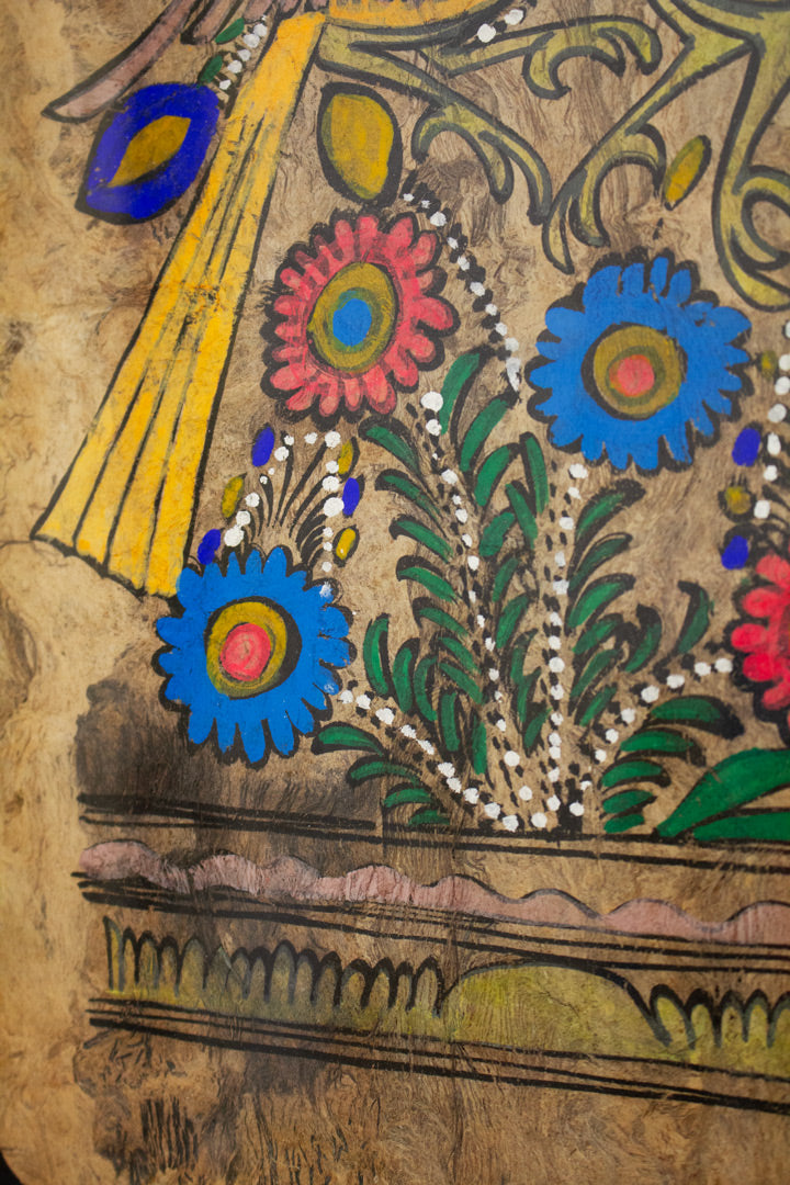 Vintage ingelijste ‘amate-bark’ Mexicaans folklore schilderij op schorspapier