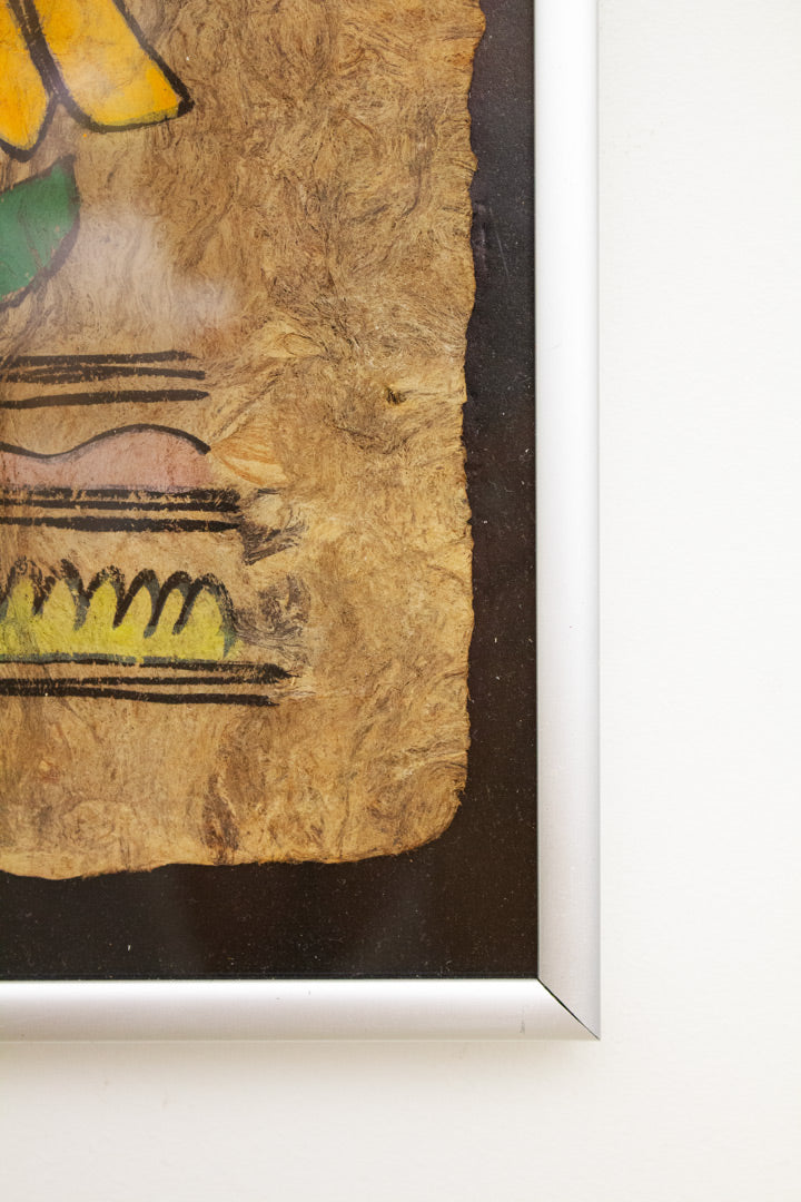 Vintage ingelijste ‘amate-bark’ Mexicaans folklore schilderij op schorspapier