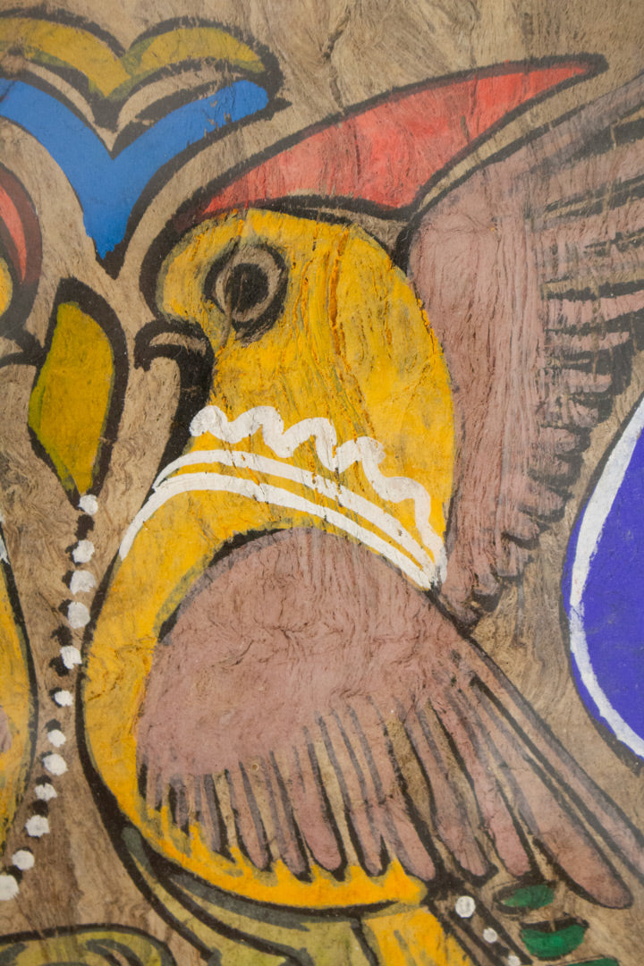 Vintage ingelijste ‘amate-bark’ Mexicaans folklore schilderij op schorspapier
