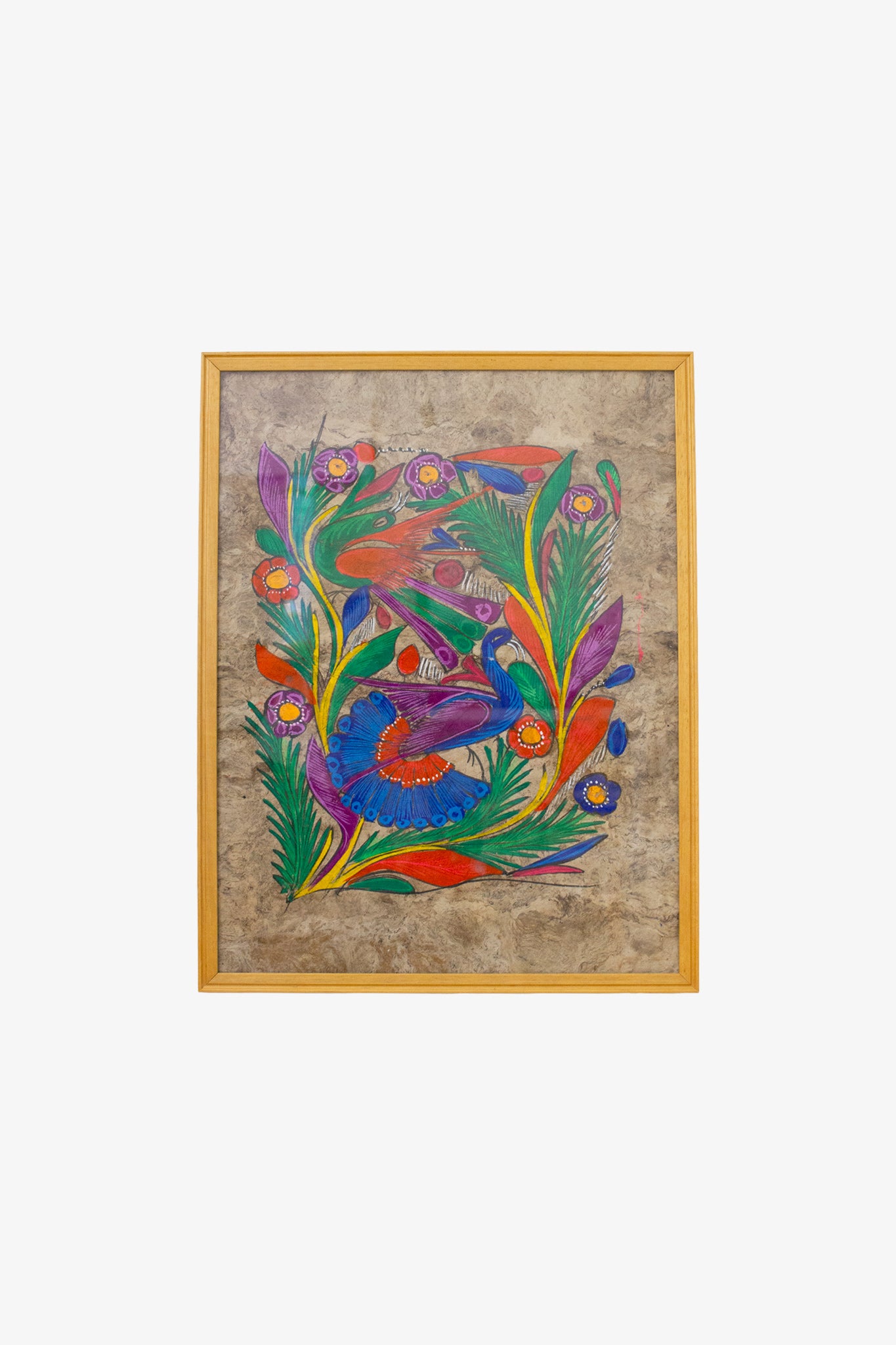 Vintage ingelijste Amate-bark Mexicaans folklore schilderij op schorspapier