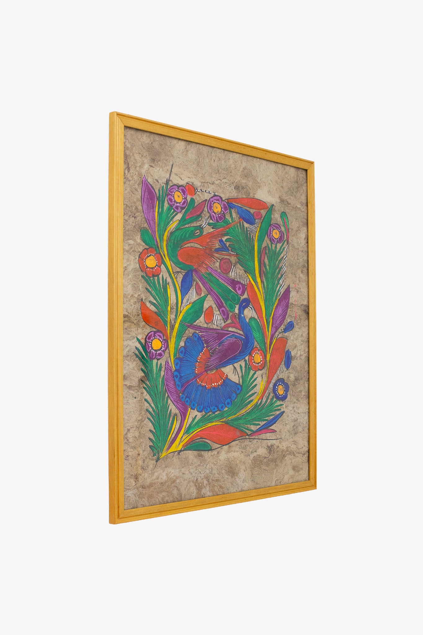 Vintage ingelijste Amate-bark Mexicaans folklore schilderij op schorspapier