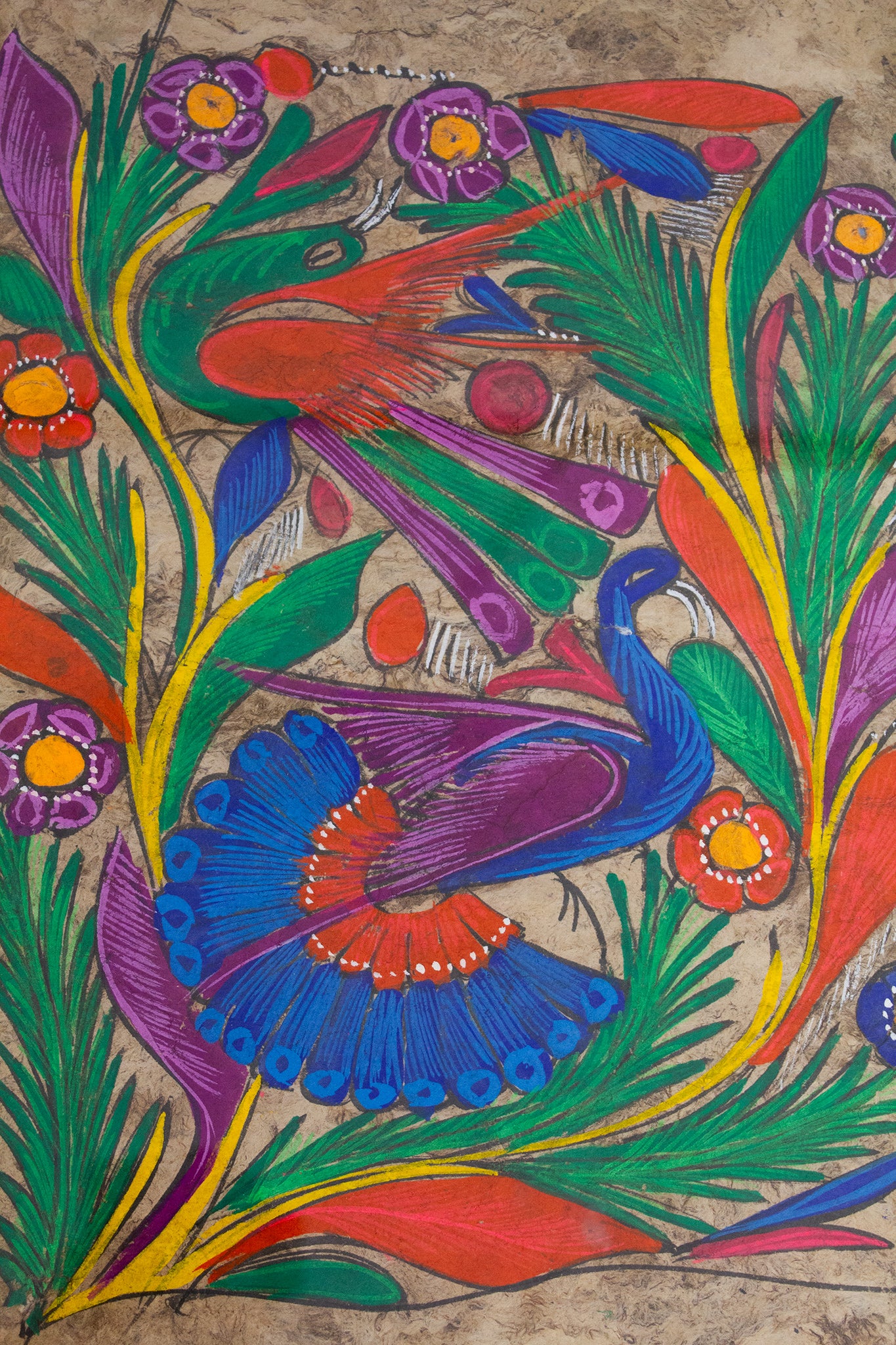 Vintage ingelijste Amate-bark Mexicaans folklore schilderij op schorspapier
