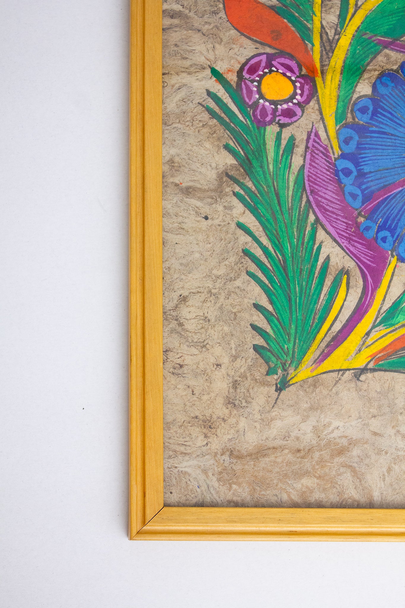 Vintage ingelijste Amate-bark Mexicaans folklore schilderij op schorspapier