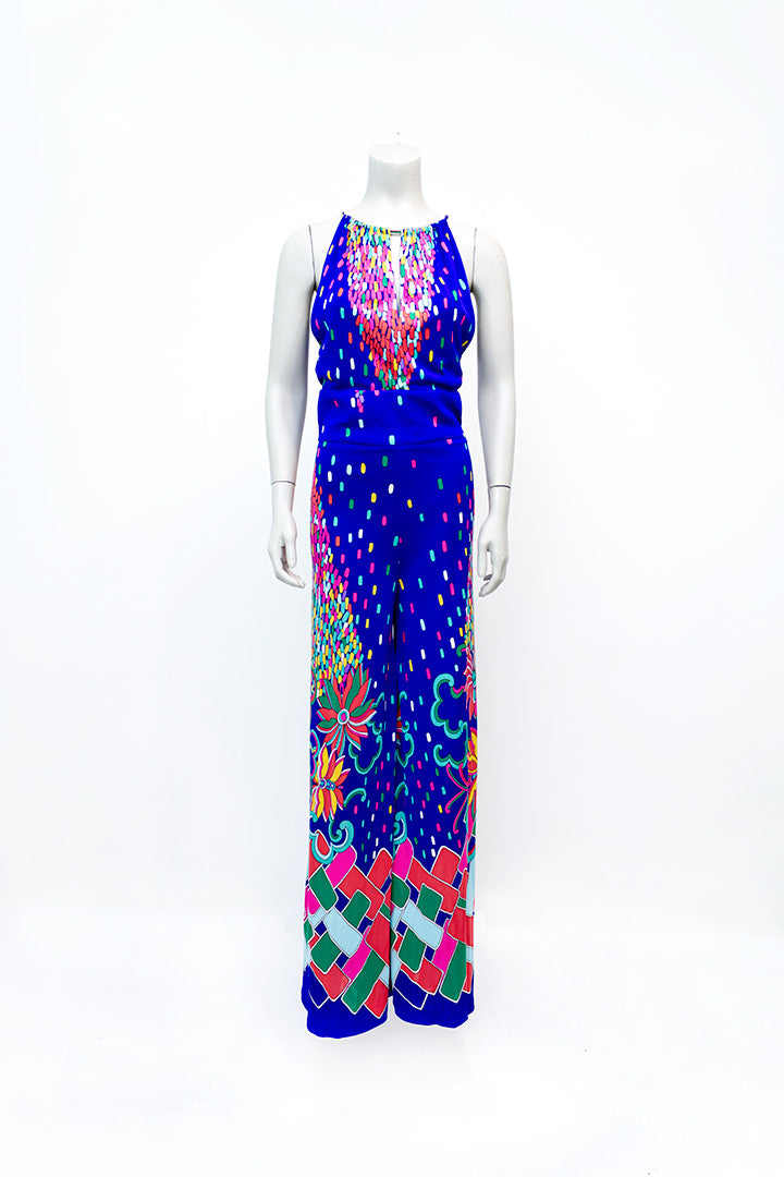 Vintage jumpsuit kobaltblauw met kleurrijke print jaren 70