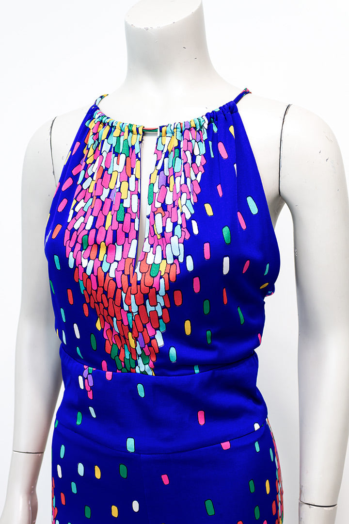 Vintage jumpsuit kobaltblauw met kleurrijke print jaren 70