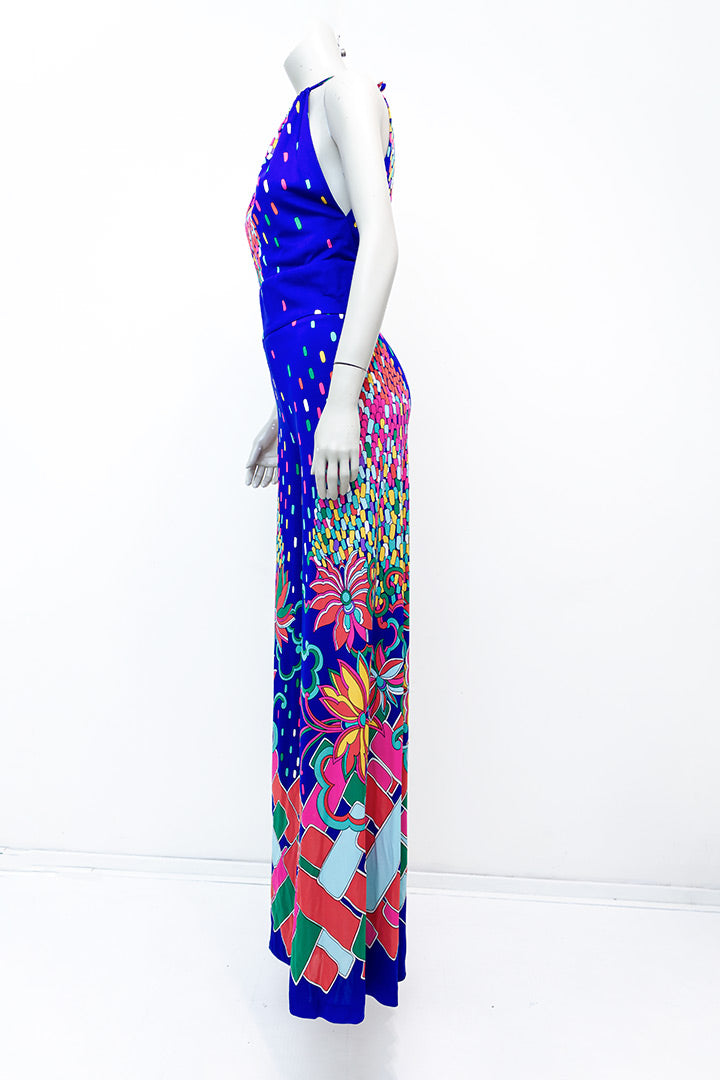 Vintage jumpsuit kobaltblauw met kleurrijke print jaren 70