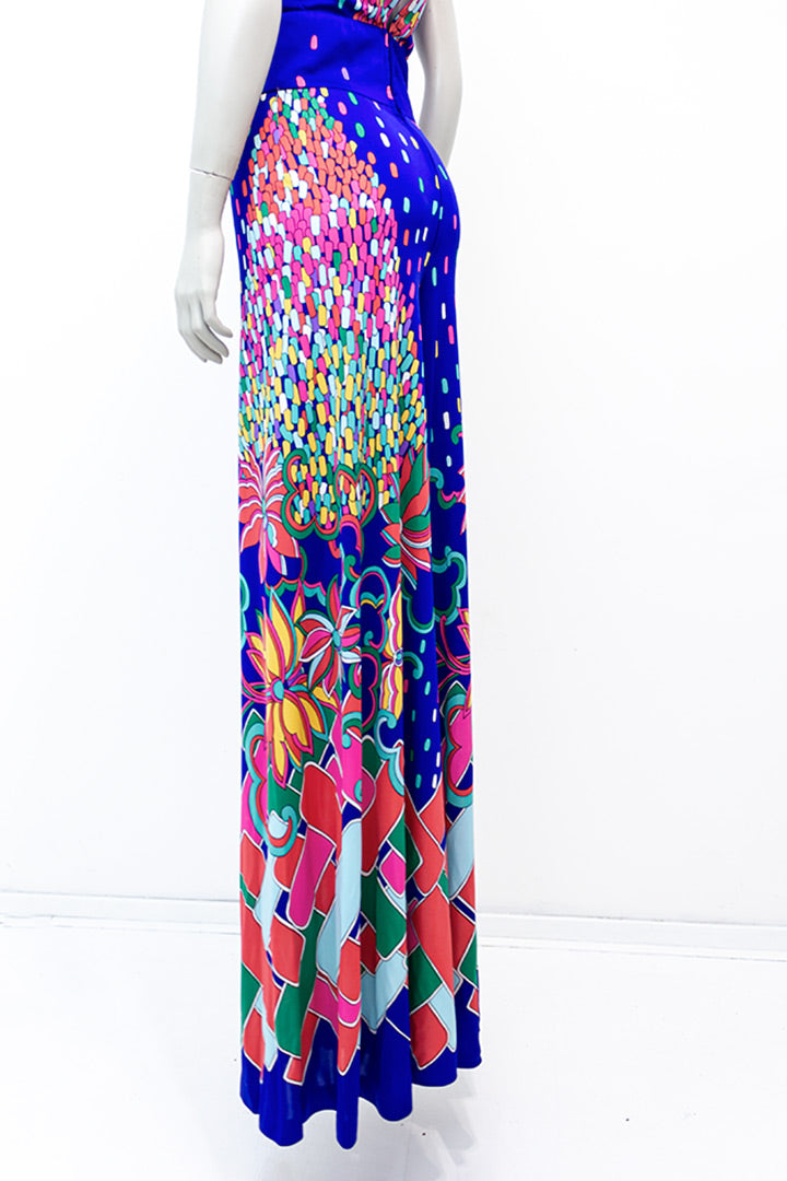 Vintage jumpsuit kobaltblauw met kleurrijke print jaren 70