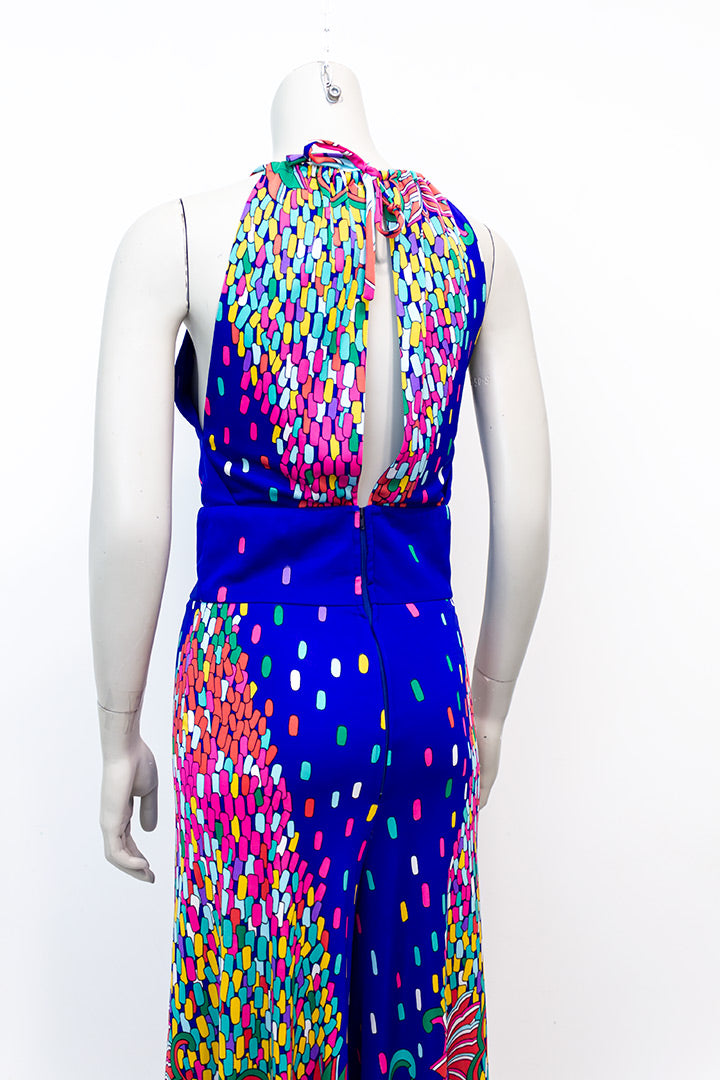 Vintage jumpsuit kobaltblauw met kleurrijke print jaren 70