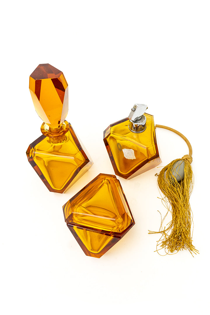 Vintage kaptafel set voor parfum - jaren 70 geometrisch gevormd glas