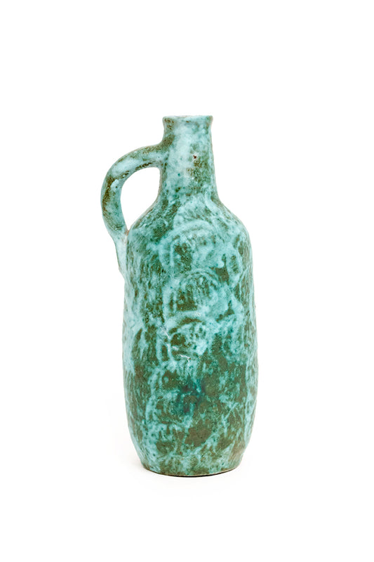 Vintage keramieken fles turquoise met handvat AMHA handwerk