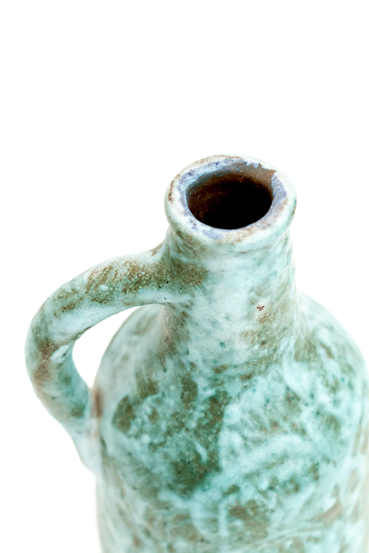 Vintage keramieken fles turquoise met handvat AMHA handwerk