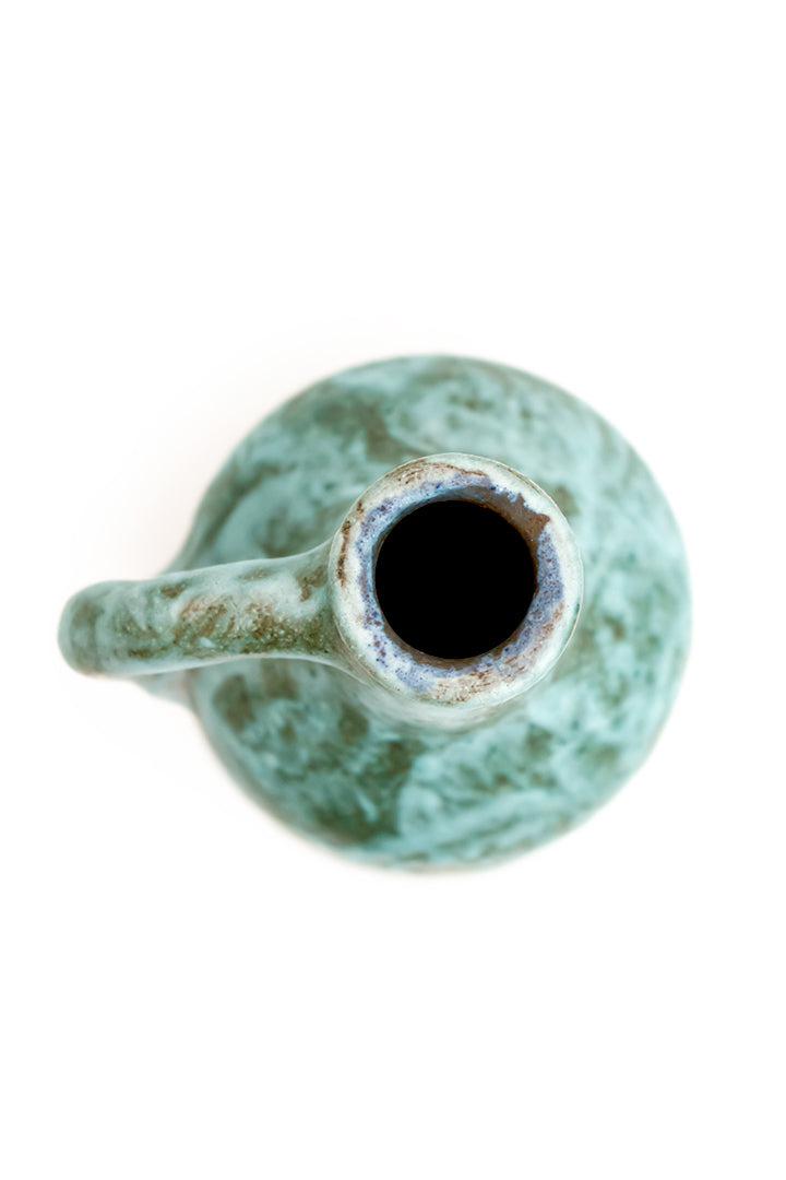 Vintage keramieken fles turquoise met handvat AMHA handwerk