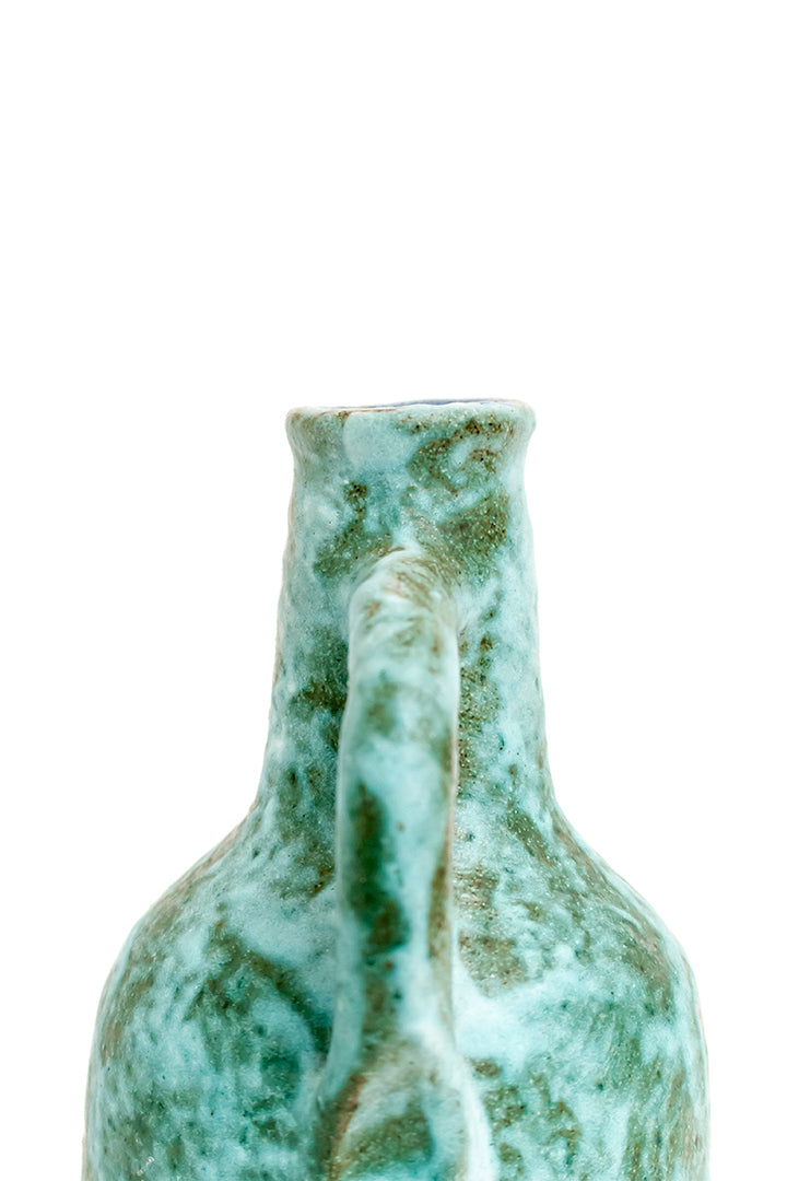 Vintage keramieken fles turquoise met handvat AMHA handwerk