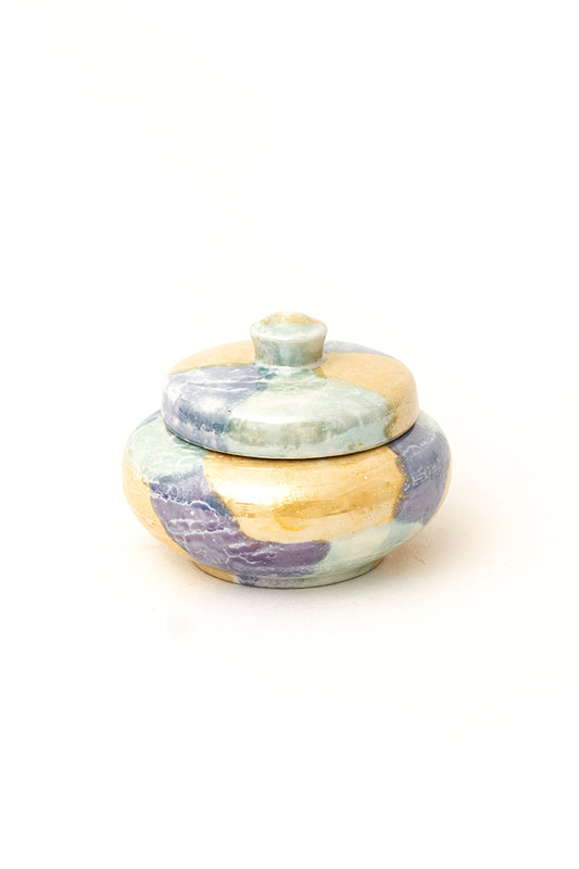 Vintage keramieken pot met deksel roze/groen/blauw