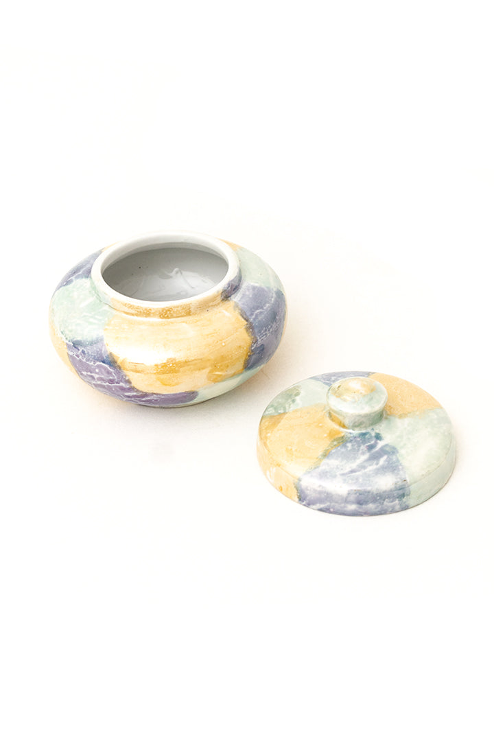 Vintage keramieken pot met deksel roze/groen/blauw