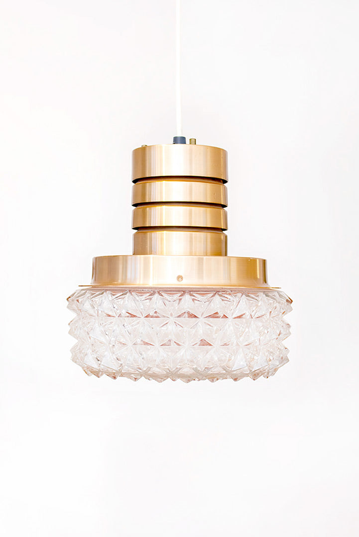 Vintage koperkleurige plafondlamp met bol van figuurglas