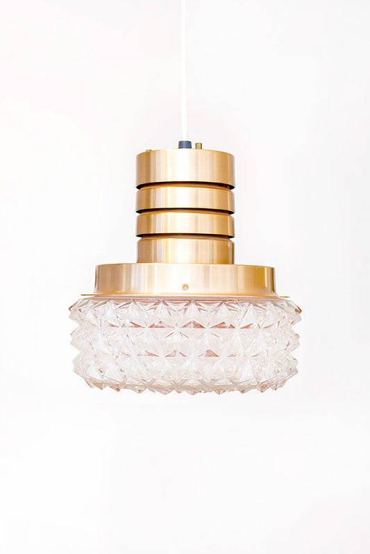 Vintage koperkleurige plafondlamp met bol van figuurglas