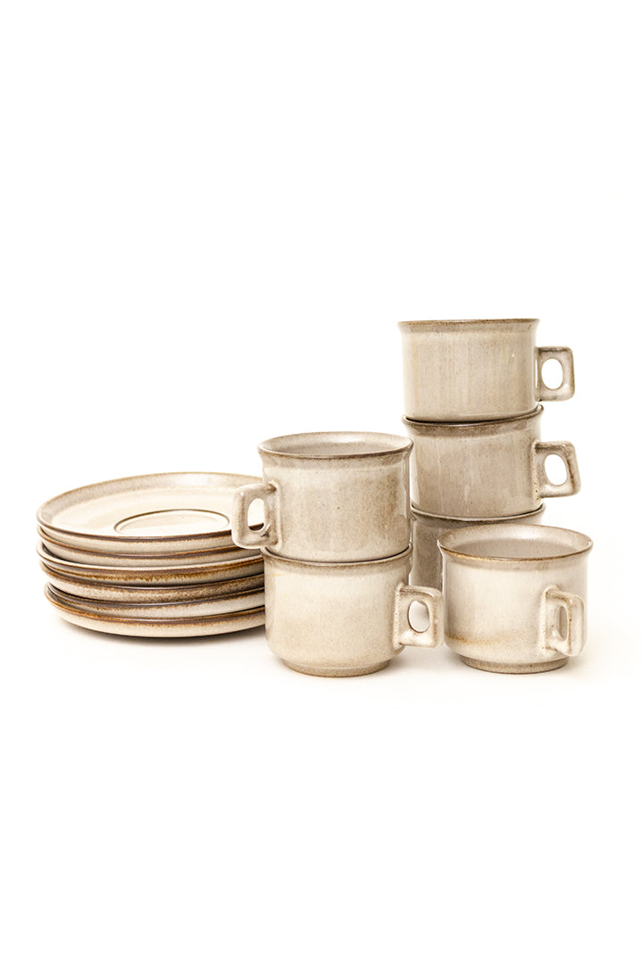 Vintage kopjes en schotels van bruin keramiek - set van 12