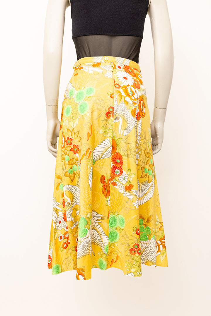 Vintage lange katoenen rok met kraanvogel print