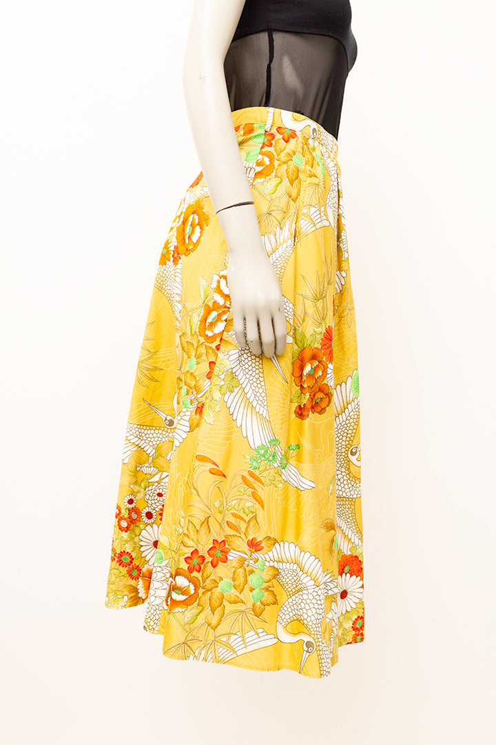 Vintage lange katoenen rok met kraanvogel print