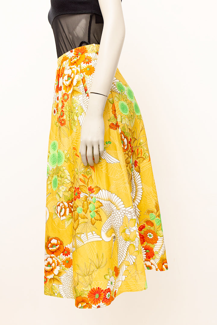 Vintage lange katoenen rok met kraanvogel print