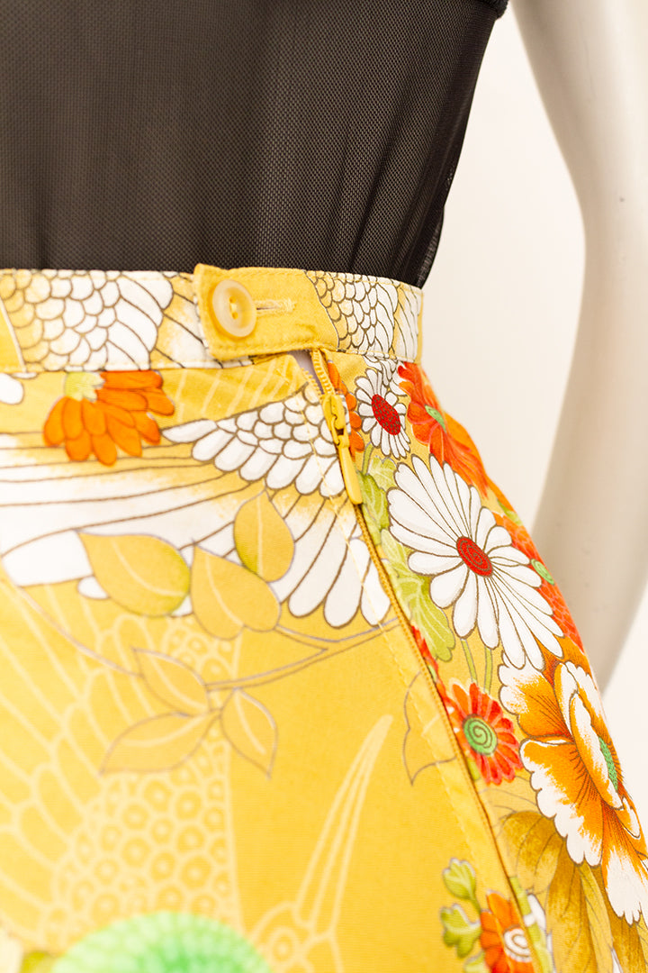 Vintage lange katoenen rok met kraanvogel print