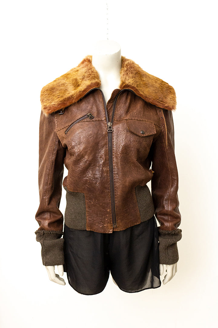 Vintage leren bruine jas met bontkraag Boss by Hugo Boss