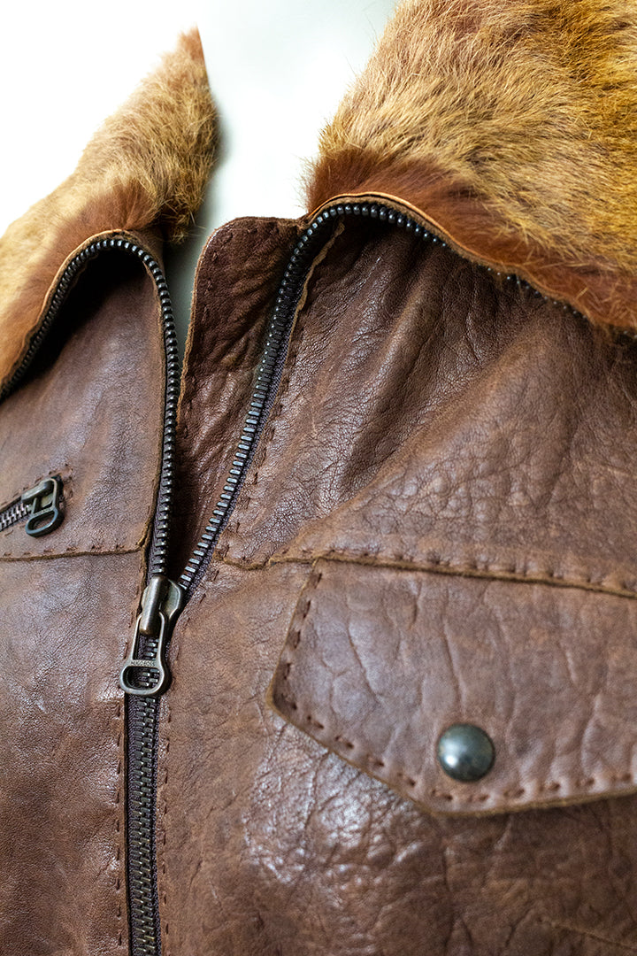 Vintage leren bruine jas met bontkraag Boss by Hugo Boss