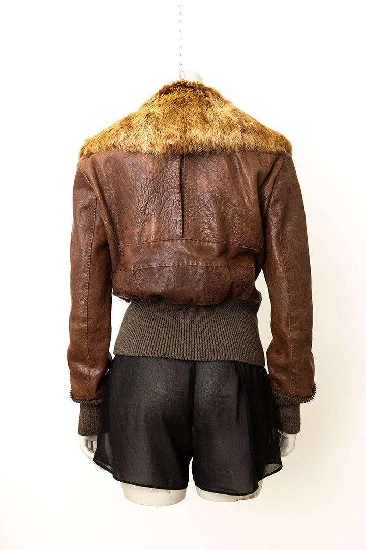 Vintage leren bruine jas met bontkraag Boss by Hugo Boss