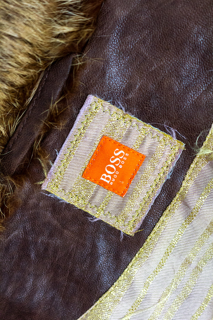 Vintage leren bruine jas met bontkraag Boss by Hugo Boss