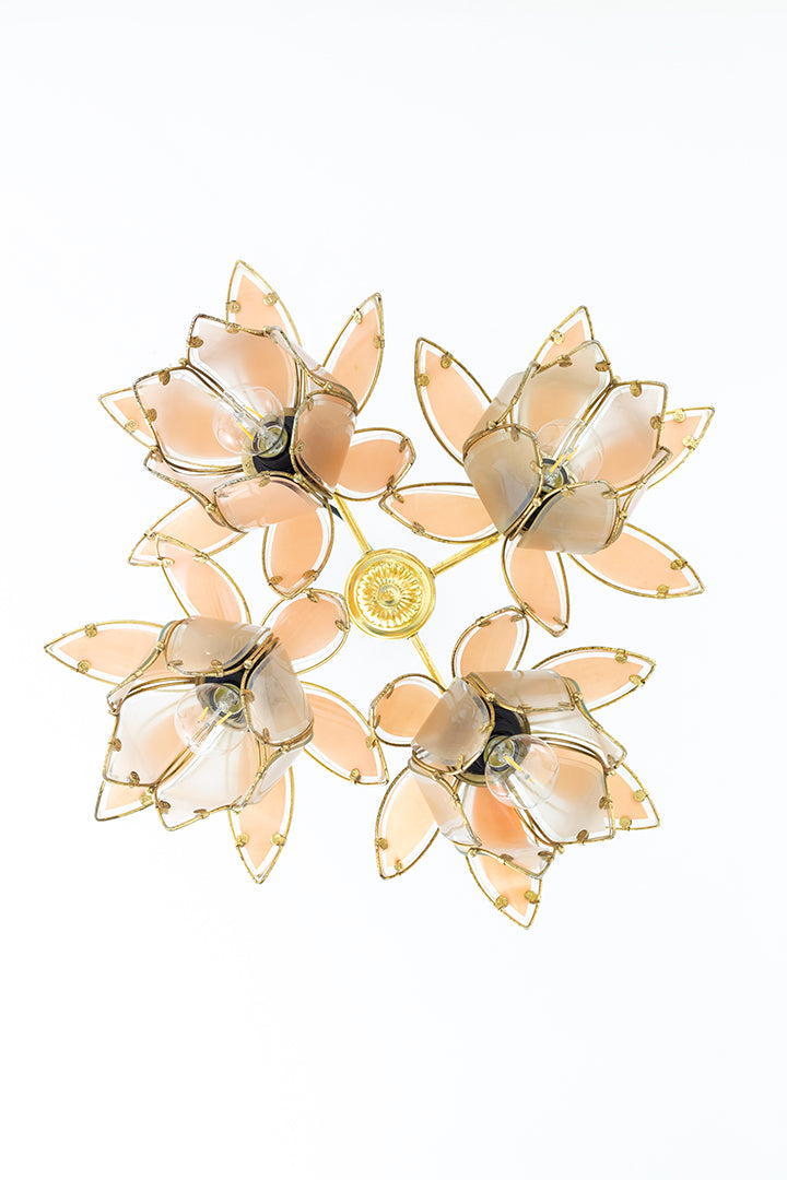 Vintage lotus lamp voor plafond met messing frame en roze glas