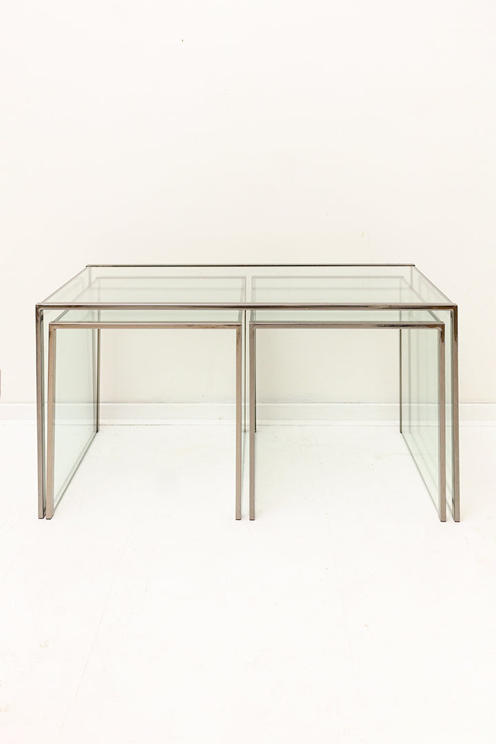 Vintage mimiset bijzettafels verchroomd frame met glas