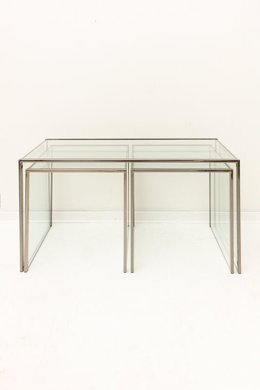 Vintage mimiset bijzettafels verchroomd frame met glas