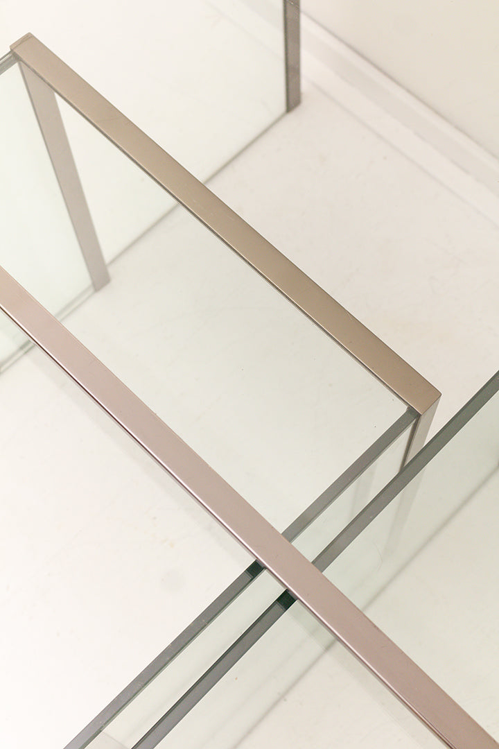 Vintage mimiset bijzettafels verchroomd frame met glas
