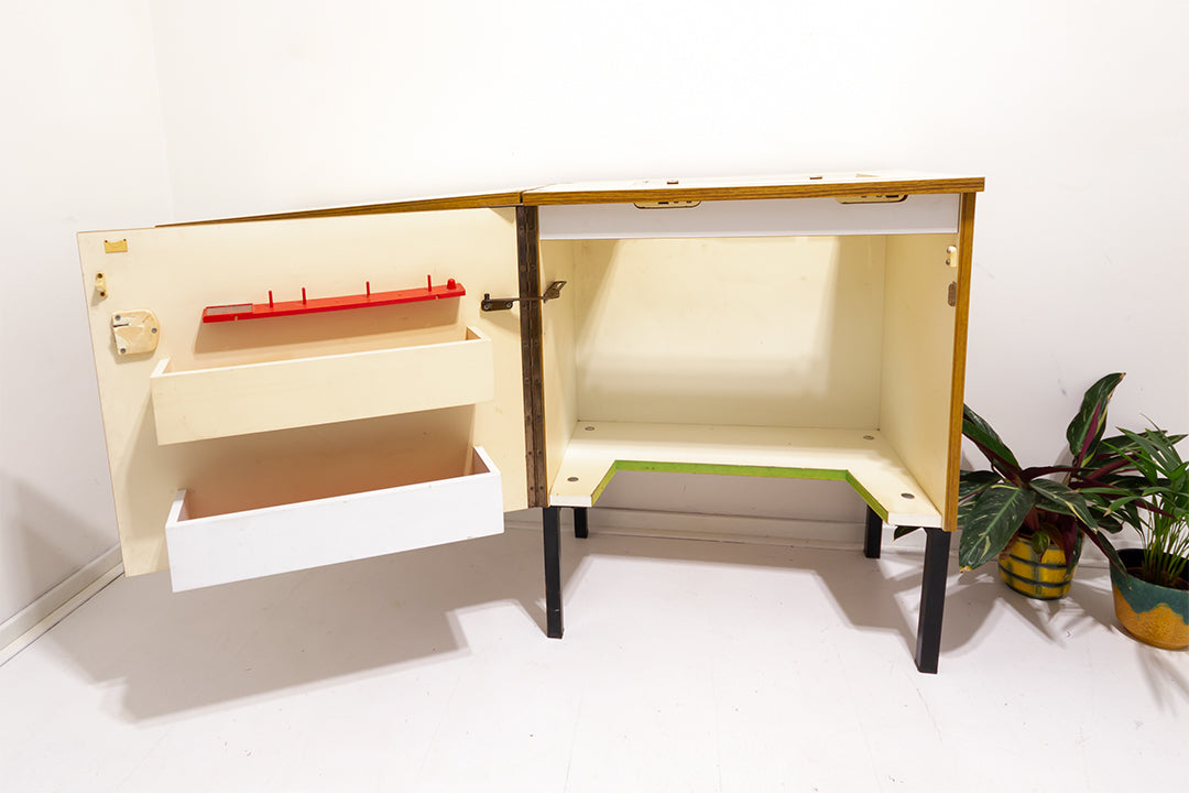 Vintage naaikastje houtfineer met uitklapbare bladen jaren 60