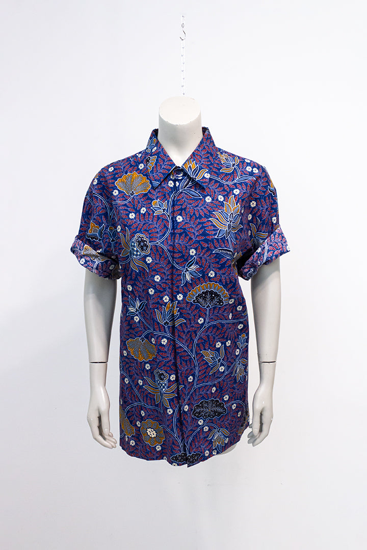 Vintage overhemd blauw katoen batik Danar Hadi Solo Indonesië