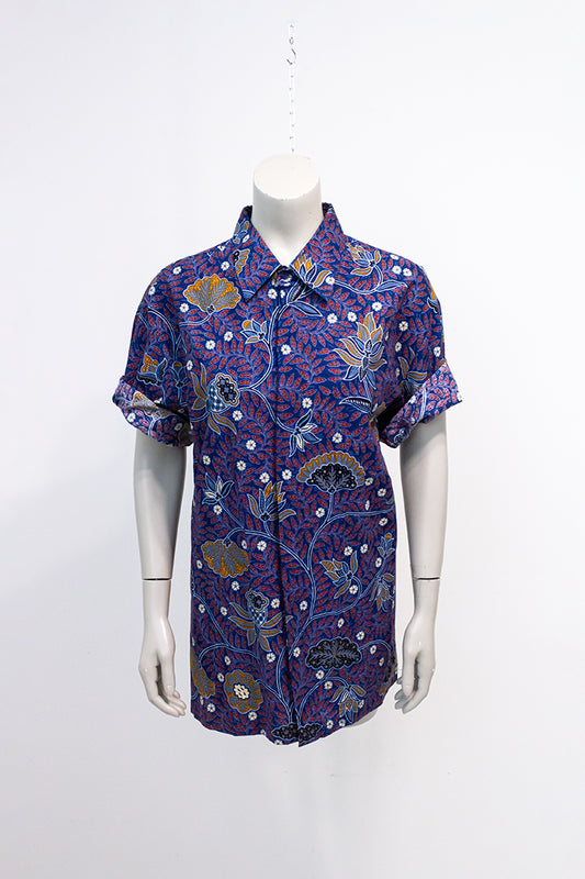 Vintage overhemd blauw katoen batik Danar Hadi Solo Indonesië