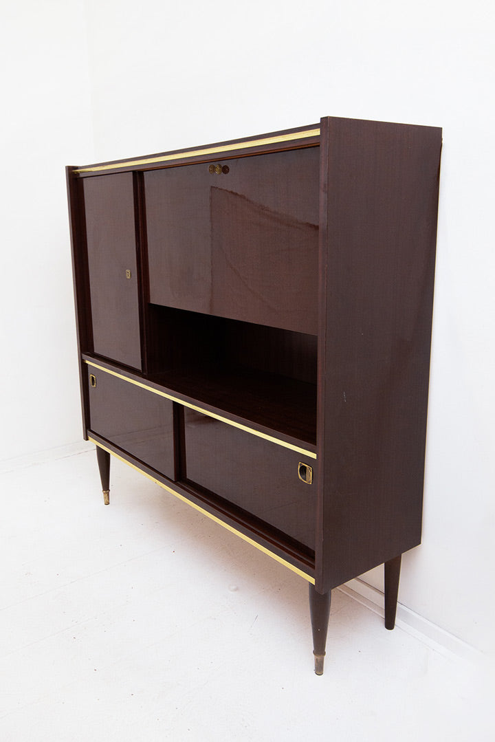 Vintage gelakt palissander highboard met messing biezen