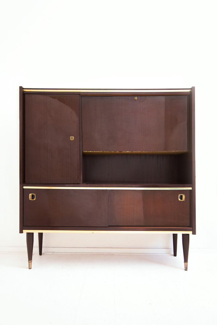 Vintage gelakt palissander highboard met messing biezen
