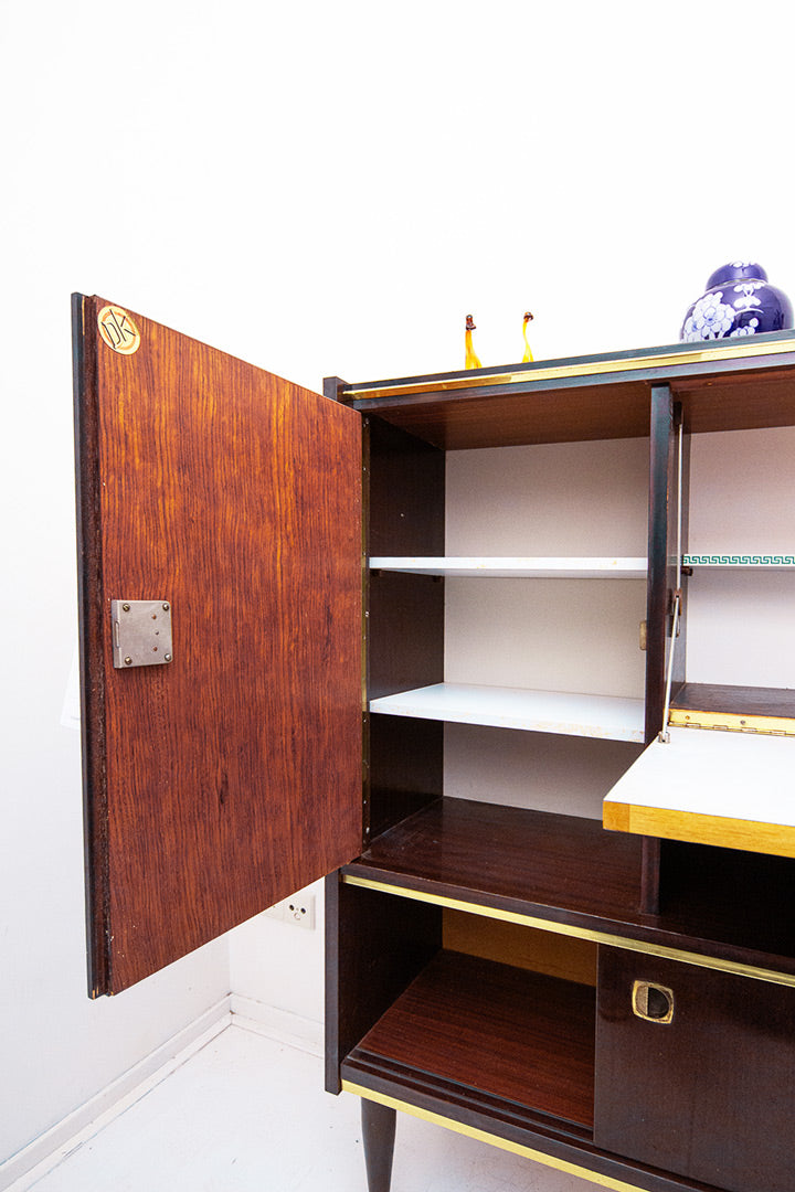 Vintage gelakt palissander highboard met messing biezen