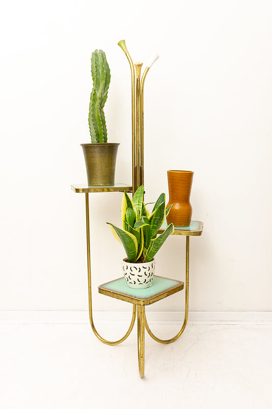 Vintage plantentafel van messing met zeegroene tafelbladen