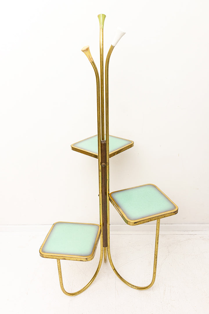 Vintage plantentafel van messing met zeegroene tafelbladen