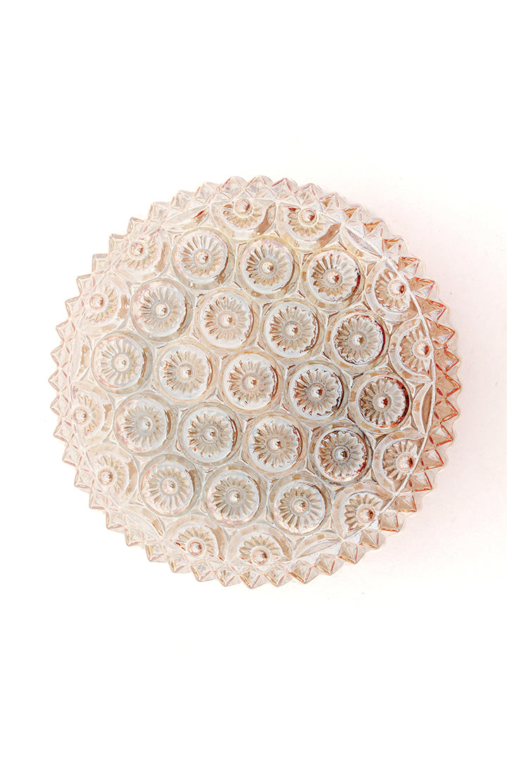Vintage ronde plafonnière zalmkleurig met bloemenreliëf jaren 60