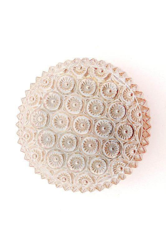 Vintage ronde plafonnière zalmkleurig met bloemenreliëf jaren 60