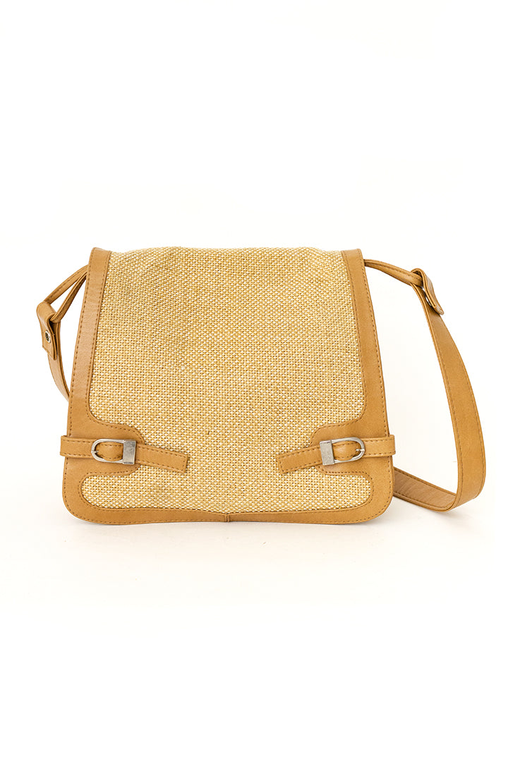 Vintage rotan schoudertas met bruine leren details